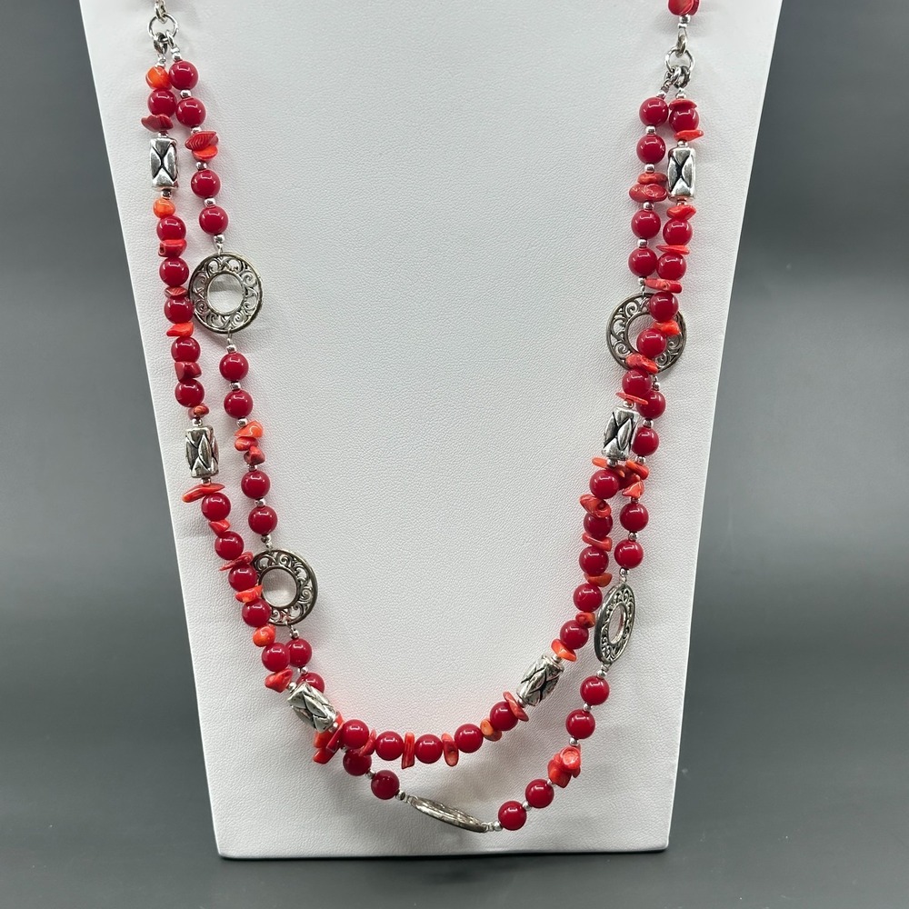 Red Chip Bead Multi Strand Necklace Silver Tone Filigree Boho Statement Vintage
